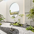 Elegant Garden Ornament Design With Round Mirror Green Plants Pebble Path And White Rabbit Ornament