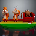 Animated Squirrels And Sloth Characters On Colorful Platform With Red Sofa 3d model