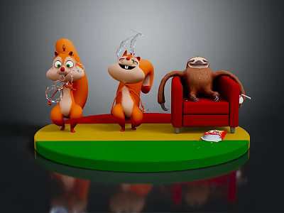 Animated Squirrels And Sloth Characters On Colorful Platform With Red Sofa 3d model