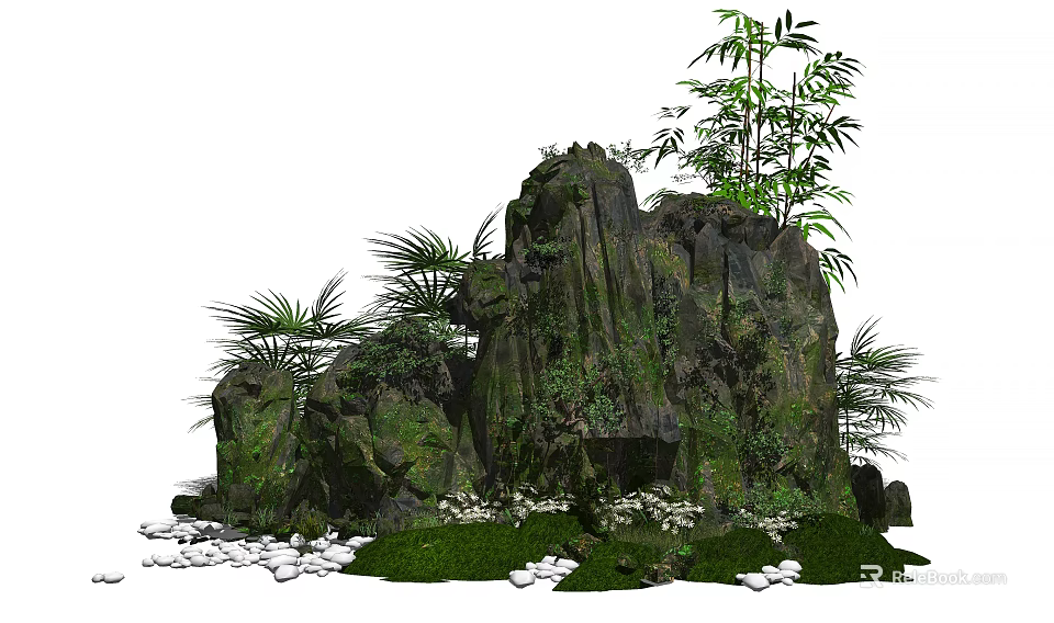 Garden Ornament With Moss Covered Rock Bamboo Plants Ferns White Pebbles And Green Grass 3d model 