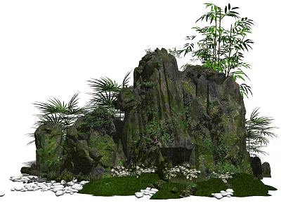 Garden Ornament With Moss Covered Rock Bamboo Plants Ferns White Pebbles And Green Grass 3d model