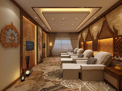 SPA Sauna Interior Design With Thai style Decor Comfortable Loungers Warm Lighting And Patterned Carpet 3d model