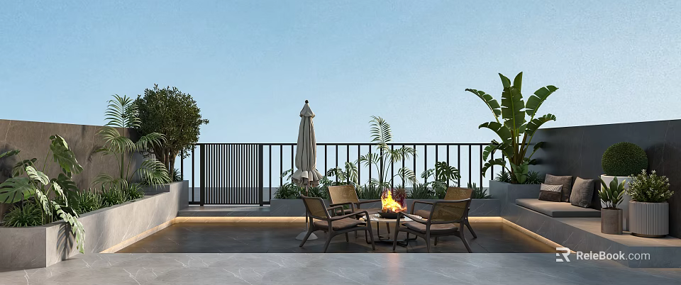 Serene Outdoor Garden Landscape With Fire Pit Seating Umbrella And Green Plants 3d model 
