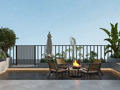 Serene Outdoor Garden Landscape With Fire Pit Seating Umbrella And Green Plants 3d model