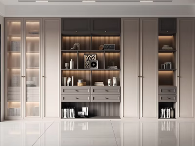 Modern Built-in Bookcase With Lighting Glass Doors Drawers Decorative Items And Books 3d model