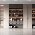 Modern Built-in Bookcase With Lighting Glass Doors Drawers Decorative Items And Books