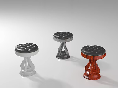 Three Stylish Stools With Button Tufted Leather Seats And Different Base Designs 3d model
