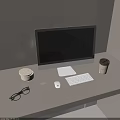 Desktop Computer Setup With Monitor Keyboard Mouse Coffee Cup And Eyeglasses On Light Colored Desk