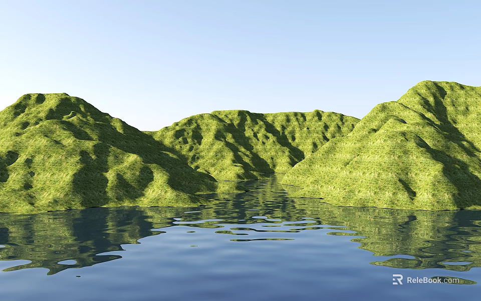 Serene Garden Landscape With Green Hills Lush Vegetation And Calm Water Reflection 3d model 
