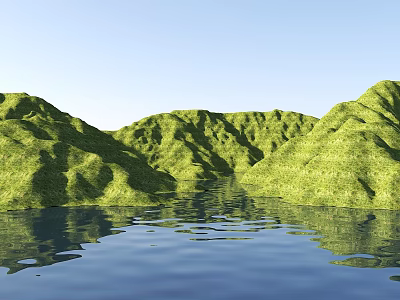 Serene Garden Landscape With Green Hills Lush Vegetation And Calm Water Reflection 3d model