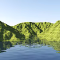Serene Garden Landscape With Green Hills Lush Vegetation And Calm Water Reflection