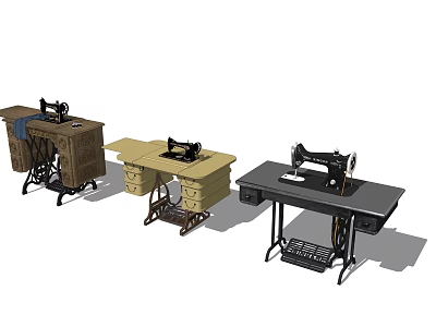 Vintage Sewing Machines On Wooden Tables With Storage Drawers And Different Designs 3d model
