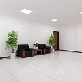 Bright Office Corridor Featuring Dark Wooden Doors Ceiling Lights Tiled Floor and End Window