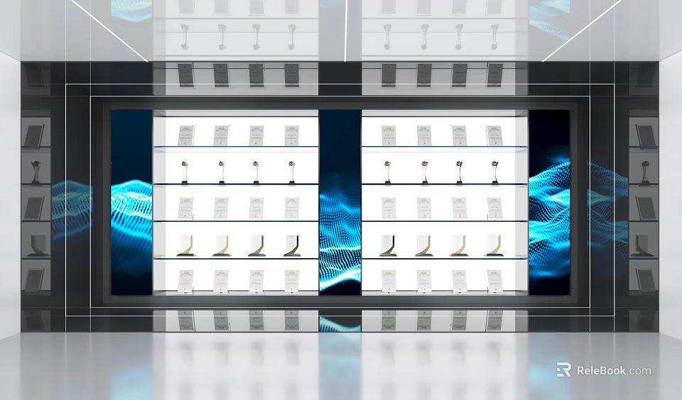 Modern Display Showcase With Multiple Shelves And Blue Wave Background Lighting 3d model 