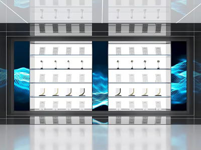 Modern Display Showcase With Multiple Shelves And Blue Wave Background Lighting 3d model