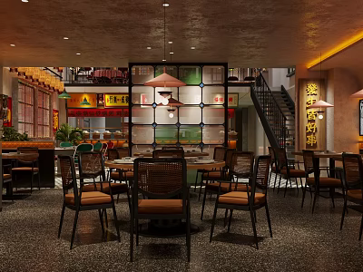Vintage Restaurant Interior Design With Wooden Tables Chairs Pendant Lights And Staircase Partition 3d model