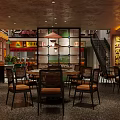 Vintage Restaurant Interior Design With Wooden Tables Chairs Pendant Lights And Staircase Partition