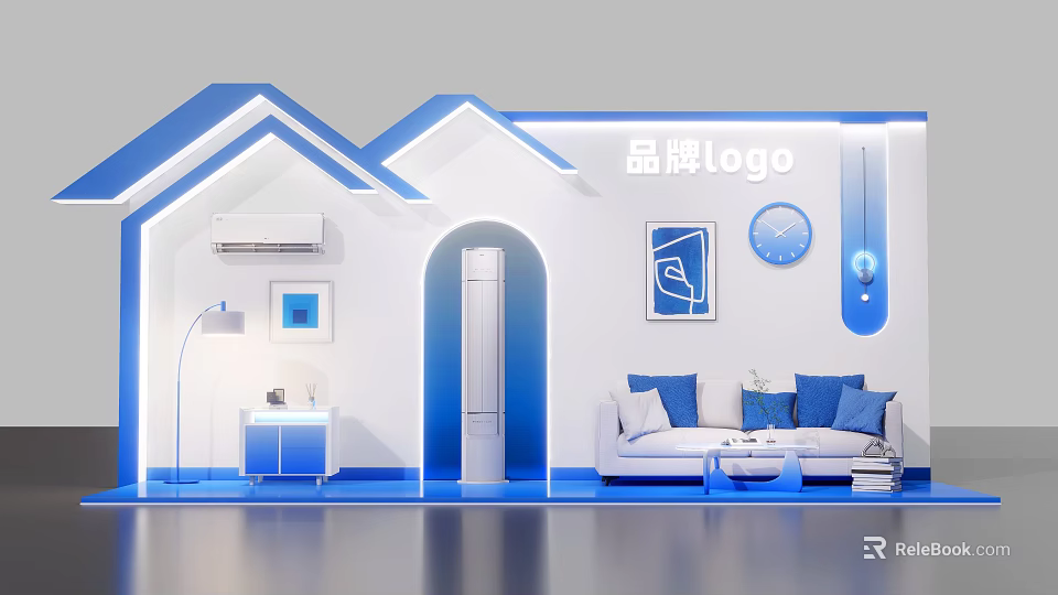 Modern Interior Design With Sofa Blue Pillows Air Conditioner And Decorative Elements 3d model