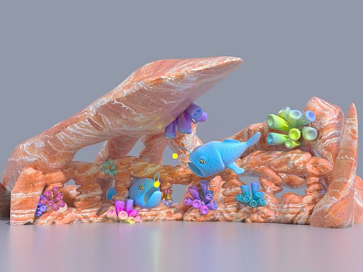 Vibrant Cartoon Underwater Scene With Colorful Corals Blue Fish And Rock Formations 3d model