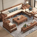 Chinese Wooden Sofa And Coffee Table Set With Side Tables Cushions Decorative Items And Rug