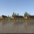 Boutique Guesthouse Buildings With Wooden Curved Roofs On Water And Tree Reflections