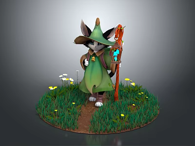Fantasy Game Character With Pointed Hat Green Cloak Red Staff On Grass With Small Flowers 3d model