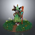 Fantasy Game Character With Pointed Hat Green Cloak Red Staff On Grass With Small Flowers