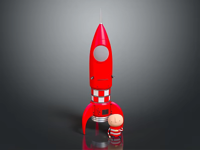 Detailed Red Rocket Model with Small Toy Figure on Reflective Display Base 3d model