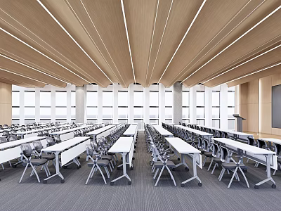 Spacious Modern Conference Room Interior With Neatly Arranged Tables Chairs Large Windows And Wooden Ceiling 3d model