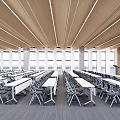 Spacious Modern Conference Room Interior With Neatly Arranged Tables Chairs Large Windows And Wooden Ceiling
