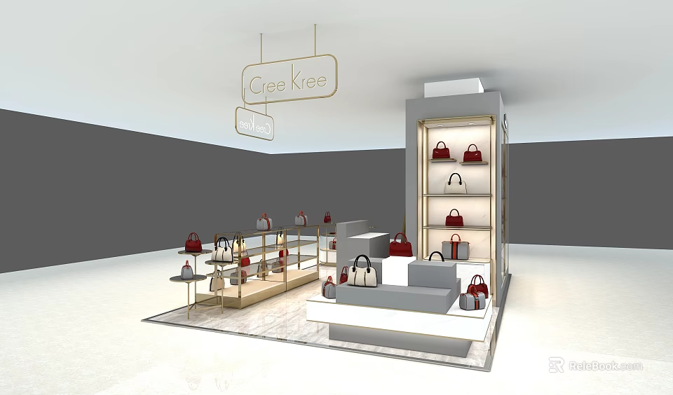 Cree Kree Store Interior With Red And Black Handbags On Display Shelves And Counter 3d model 