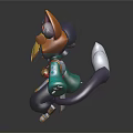 Gray Fur Animal Character Wearing Yellow Crown Green Kimono Red Decor Fluffy Tail Playful Pose