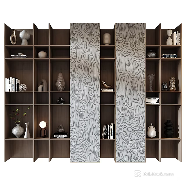 Modern Wooden Bookcase With Open Shelves Decorative Vases Sculptures And Books 3d model 