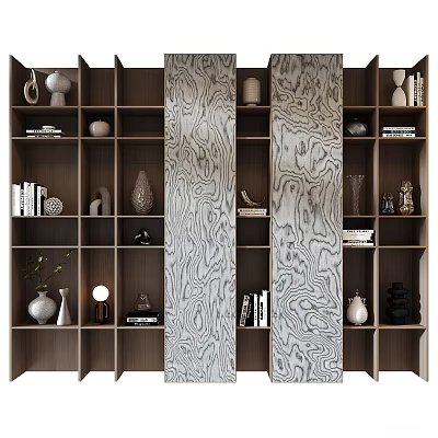 Modern Wooden Bookcase With Open Shelves Decorative Vases Sculptures And Books 3d model