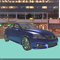 Blue Lexus Sports Sedan On Urban Street With Evening City Lights And Modern Buildings