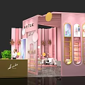 Pink Modern Exhibition Booth With Green Plants Flower Decorations And Reception Counter