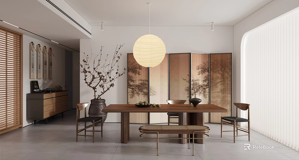 Modern Restaurant Space Featuring Wooden Dining Table Chairs Bench Round Pendant Light And Landscape Screen 3d model 