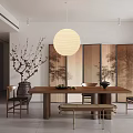 Modern Restaurant Space Featuring Wooden Dining Table Chairs Bench Round Pendant Light And Landscape Screen