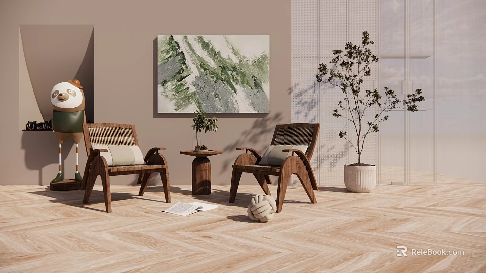 Cozy Wooden Chair And Table Set With Green Painting Potted Plant And Herringbone Floor 3d model 