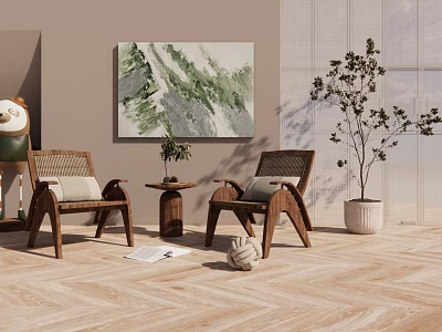 Cozy Wooden Chair And Table Set With Green Painting Potted Plant And Herringbone Floor 3d model