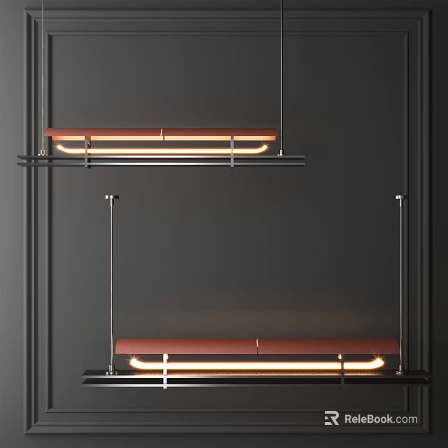 Modern Two Chandeliers with Metal Frames and Red Shades Hanging Against Black Background 3d model 