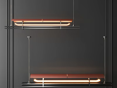 Modern Two Chandeliers with Metal Frames and Red Shades Hanging Against Black Background 3d model