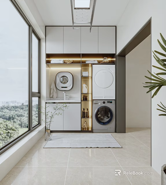 Modern Home Balcony Design With Laundry Area Storage Cabinets Large Windows And Outside View 3d model 