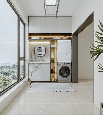 Modern Home Balcony Design With Laundry Area Storage Cabinets Large Windows And Outside View 3d model