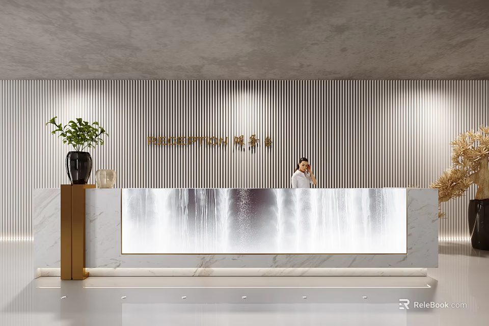 Modern Business Reception Desk With Marble Countertop And Waterfall Feature Striped Wall Green Plant Decoration 3d model 