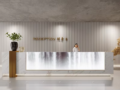 Modern Business Reception Desk With Marble Countertop And Waterfall Feature Striped Wall Green Plant Decoration 3d model