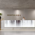 Modern Business Reception Desk With Marble Countertop And Waterfall Feature Striped Wall Green Plant Decoration