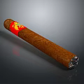 Brown Cigar With Red Label And Yellow Design Featuring Ash At Burned End