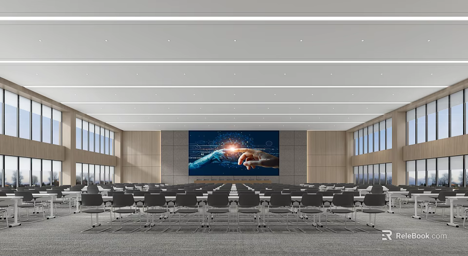 Modern Conference Room With Arranged Chairs Large Screen And Windows 3d model