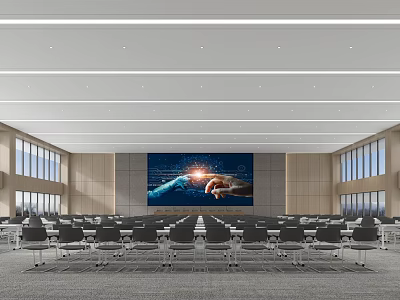Modern Conference Room With Arranged Chairs Large Screen And Windows 3d model
